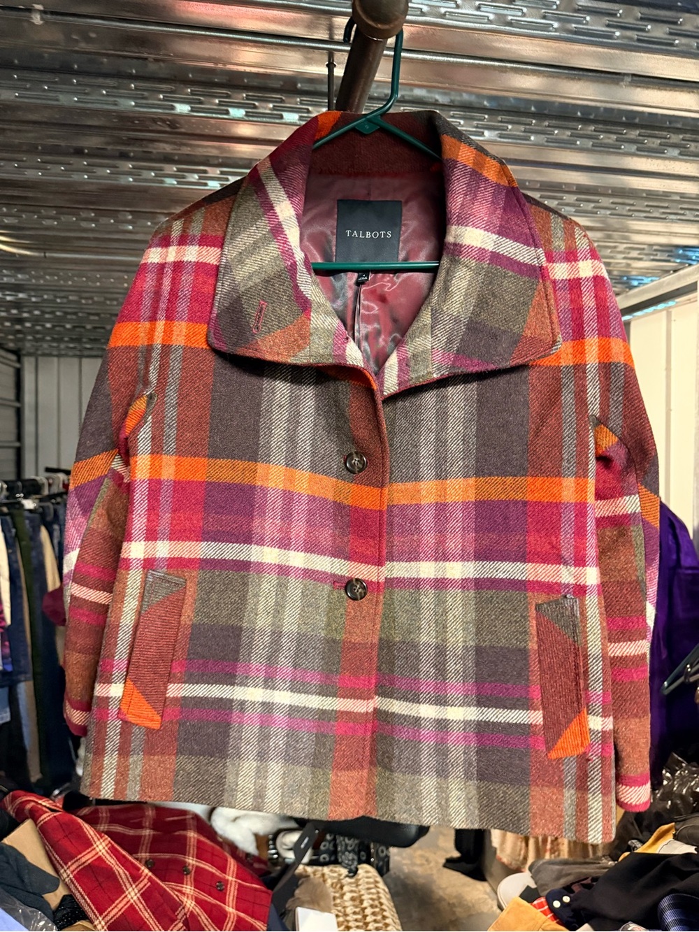 Talbots Pink & Orange Plaid Cropped Wool-Blend Pea Coat